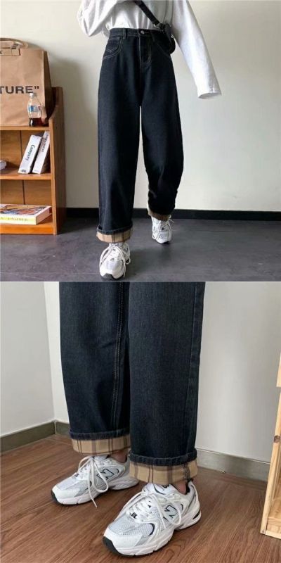 Широкие прямые джинсы с подворотами 