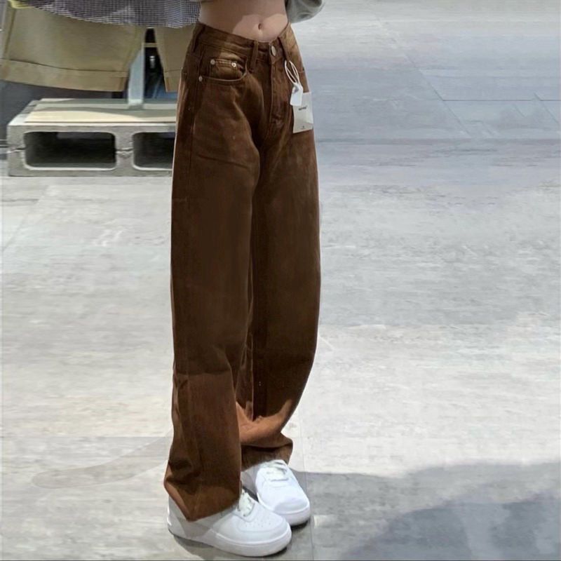 Слайд  Широкие джинсы с высокой посадкой Коричневый