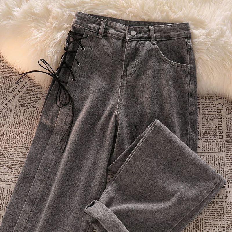 Слайд  Стильные широкие джинсы с высокой посадкой Серый