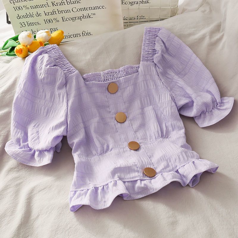 Слайд  Укороченная блузка топ с коротким рукавом Фиолетовый